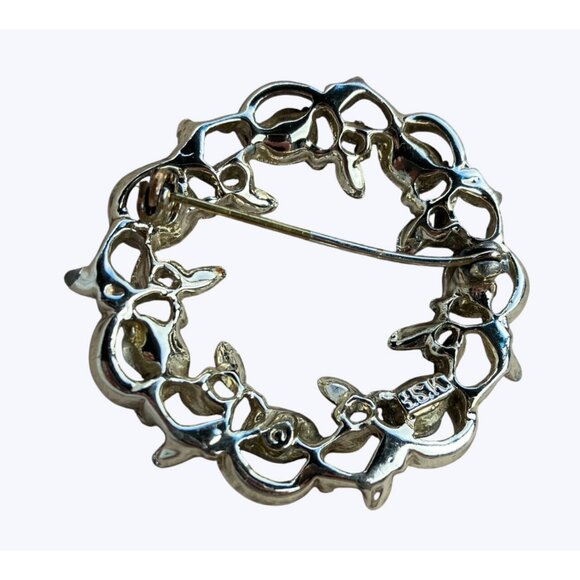 Vintage BSK Round Silver-Toned Brooch With Green Blue Rhinestones - Picture 5 of 13